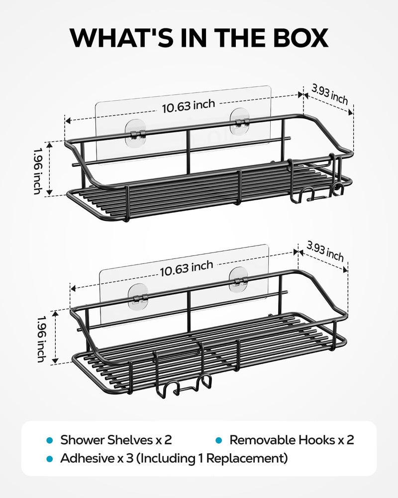 Nieifi Shower Caddy Shelf with Hooks Storage Rack Organizer Adhesive Stainless Steel Without Drilling for Bathroom, Lavatory, Washroom, Restroom, Shower, Toilet, Kitchen - 2 Pack (Black) - Image 2